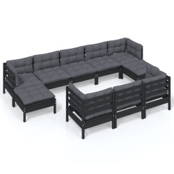 vidaXL Muebles de jardín 10 pzas y cojines negro madera maciza de pino
