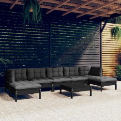 vidaXL Muebles de jardín 8 pzas con cojines negro madera de pino