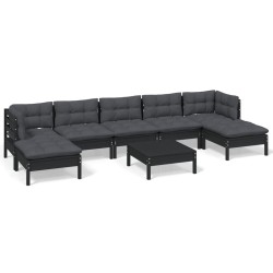 vidaXL Muebles de jardín 8 pzas con cojines negro madera de pino
