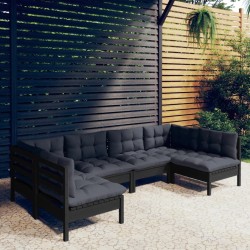 vidaXL Muebles de jardín 6 pzas y cojines negro madera maciza de pino