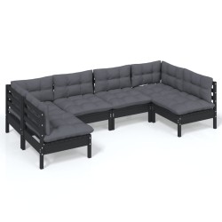 vidaXL Muebles de jardín 6 pzas y cojines negro madera maciza de pino