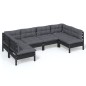vidaXL Muebles de jardín 6 pzas y cojines negro madera maciza de pino