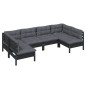 vidaXL Muebles de jardín 6 pzas y cojines negro madera maciza de pino
