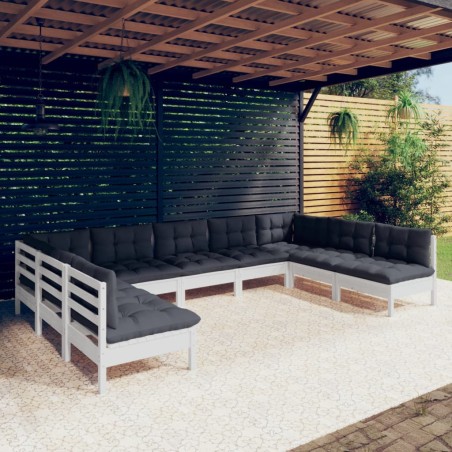 vidaXL Muebles de jardín 9 pzas y cojines blanco madera maciza de pino