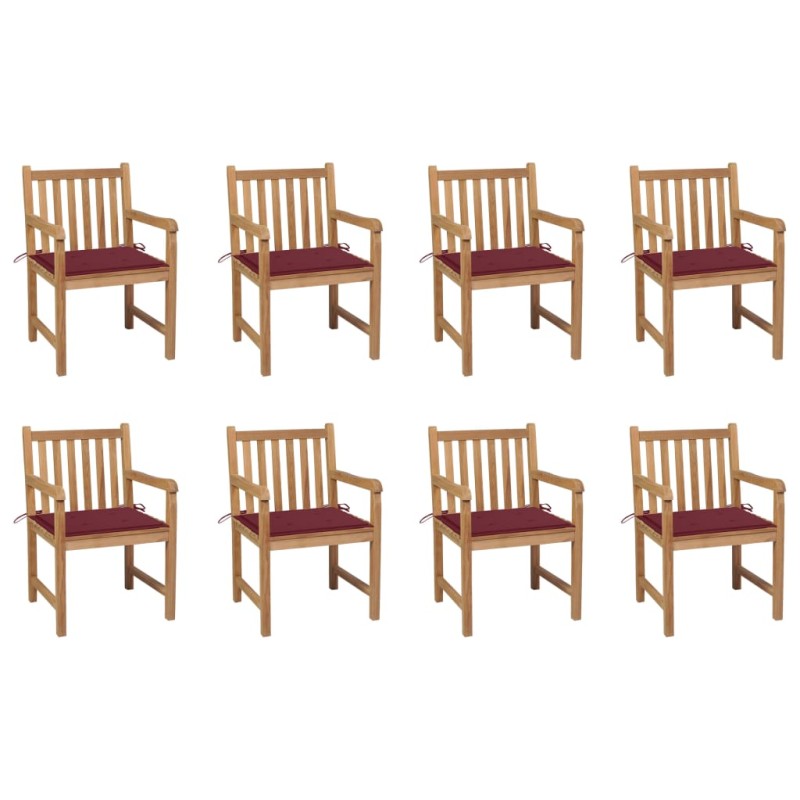 vidaXL Sillas de jardín 8 uds madera maciza teca cojines rojo tinto vidaXL Sillas de jardín 8 uds madera maciza teca cojines rojo tinto