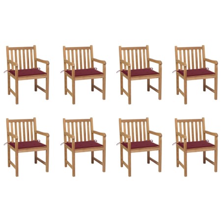 vidaXL Sillas de jardín 8 uds madera maciza teca cojines rojo tinto