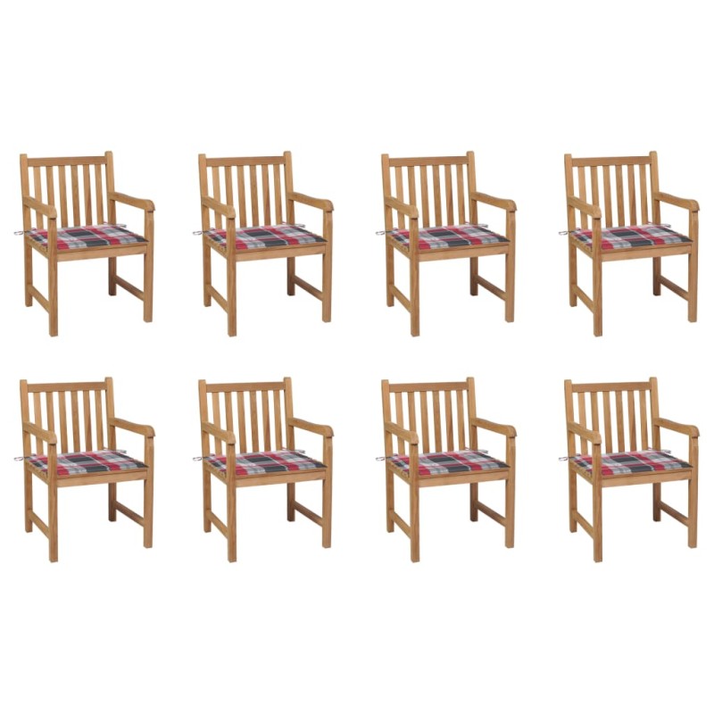 vidaXL Sillas de jardín 8 uds madera maciza teca cojines cuadros rojos vidaXL Sillas de jardín 8 uds madera maciza teca cojines cuadros rojos