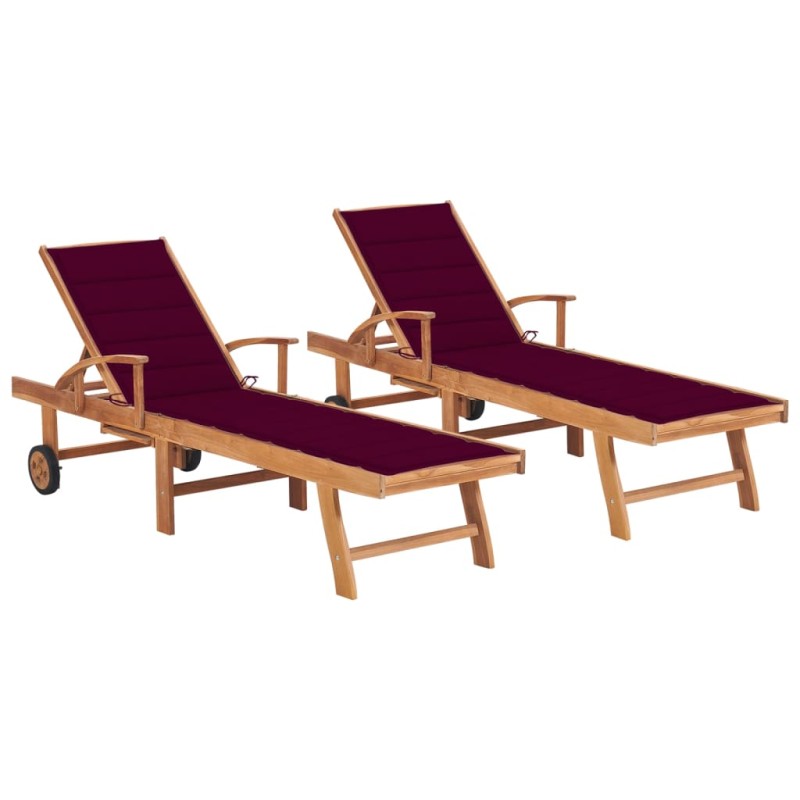 vidaXL Tumbonas 2 uds madera maciza de teca con cojín rojo tinto vidaXL Tumbonas 2 uds madera maciza de teca con cojín rojo tinto