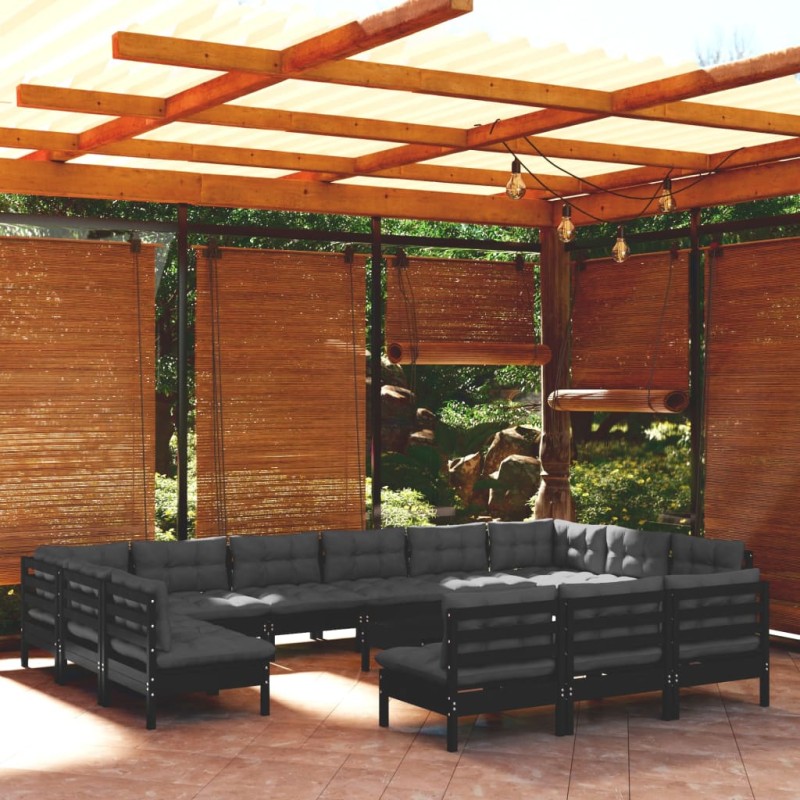 vidaXL Muebles de jardín 14 pzas y cojines negro madera maciza de pino vidaXL Muebles de jardín 14 pzas y cojines negro madera maciza de pino