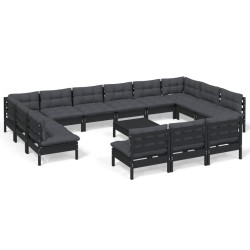 vidaXL Muebles de jardín 14 pzas y cojines negro madera maciza de pino