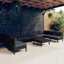 vidaXL Muebles de jardín 11 pzas y cojines negro madera maciza de pino