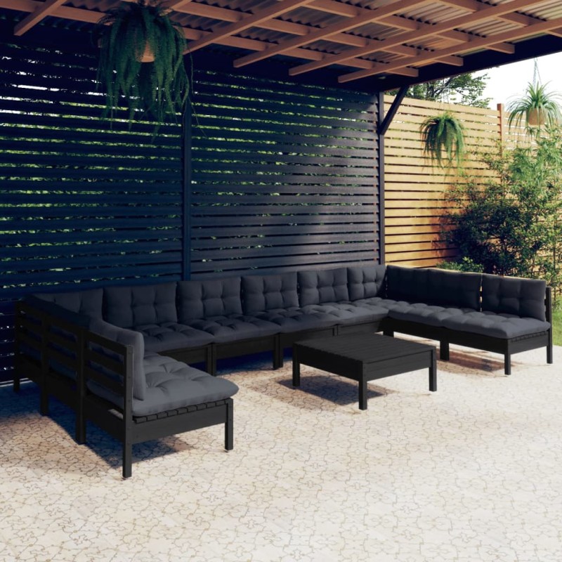 vidaXL Muebles de jardín 11 pzas y cojines negro madera maciza de pino vidaXL Muebles de jardín 11 pzas y cojines negro madera maciza de pino