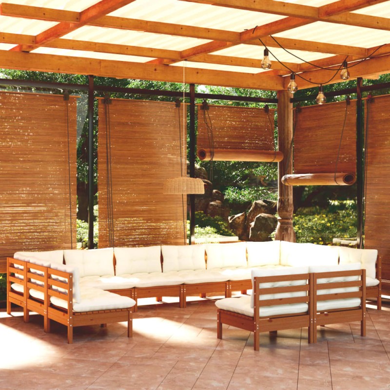 vidaXL Muebles de jardín 12 pzas y cojines madera de pino marrón miel