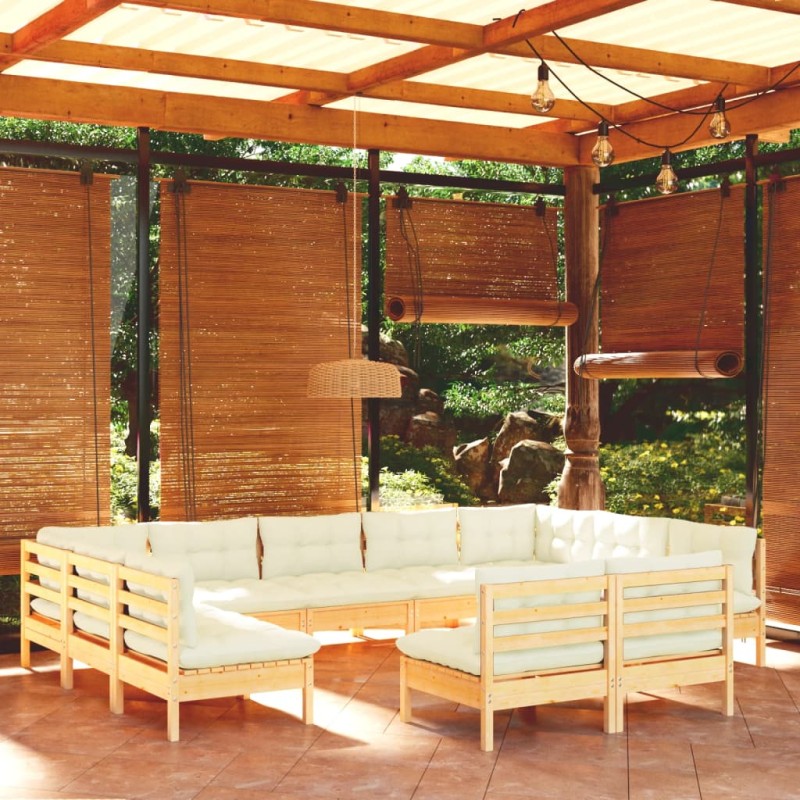 vidaXL Muebles de jardín 11 pzas y cojines madera maciza de pino crema vidaXL Muebles de jardín 11 pzas y cojines madera maciza de pino crema
