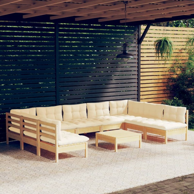 vidaXL Muebles de jardín 10 pzas y cojines madera maciza de pino crema vidaXL Muebles de jardín 10 pzas y cojines madera maciza de pino crema