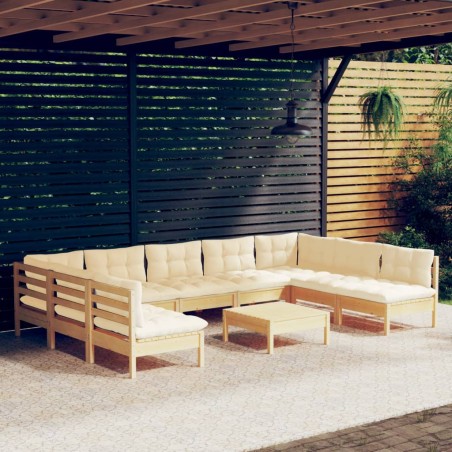 vidaXL Muebles de jardín 10 pzas y cojines madera maciza de pino crema