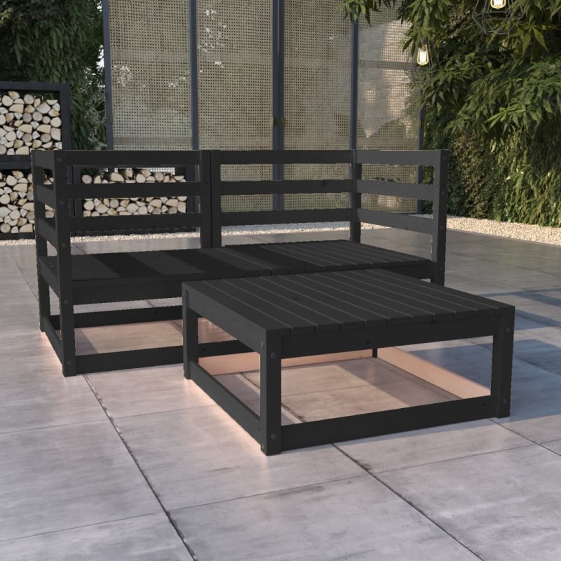 vidaXL Juego de muebles de jardín 3 pzas y cojines negro madera pino vidaXL Juego de muebles de jardín 3 pzas y cojines negro madera pino