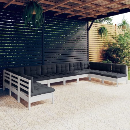 vidaXL Muebles de jardín 10 pzas con cojines blanco madera maciza pino