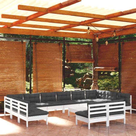 vidaXL Muebles de jardín 13 pzas y cojines blanco madera maciza pino