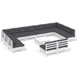 vidaXL Muebles de jardín 13 pzas y cojines blanco madera maciza pino