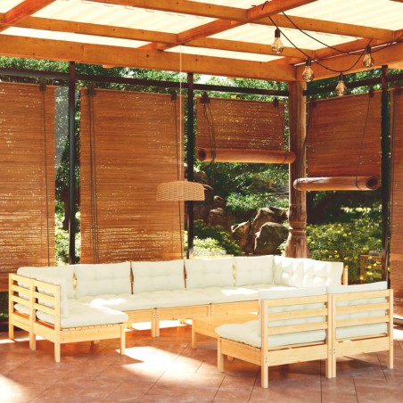 vidaXL Muebles de jardín 10 pzas y cojines madera maciza de pino crema