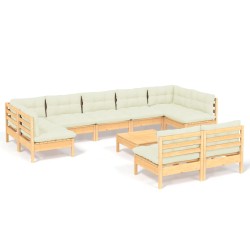 vidaXL Muebles de jardín 10 pzas y cojines madera maciza de pino crema