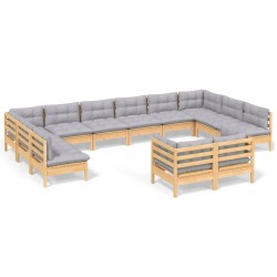 vidaXL Muebles de jardín 12 pzas y cojines gris madera maciza de pino