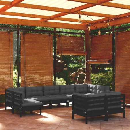 vidaXL Muebles de jardín 9 pzas y cojines negro madera maciza de pino