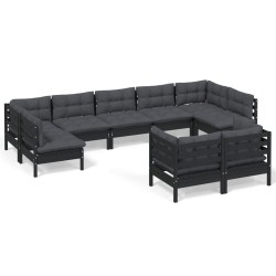 vidaXL Muebles de jardín 9 pzas y cojines negro madera maciza de pino