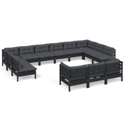 vidaXL Muebles de jardín 13 pzas con cojines negro madera de pino