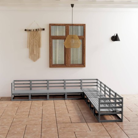 vidaXL Juego de muebles de jardín 9 pzas y cojines gris madera pino