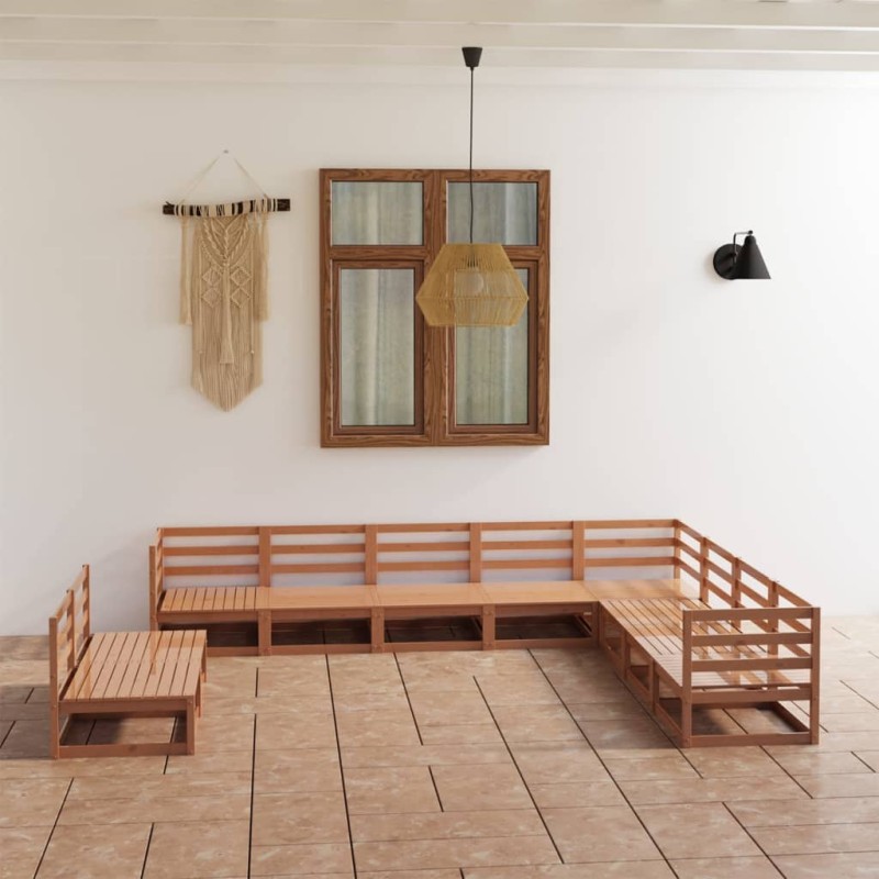 vidaXL Muebles de jardín 10 pzas y cojines marrón miel madera pino vidaXL Muebles de jardín 10 pzas y cojines marrón miel madera pino