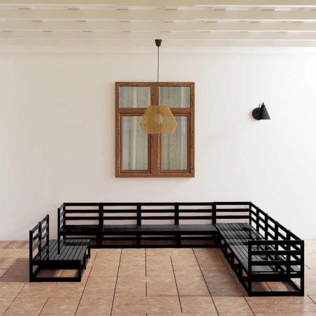 vidaXL Juego de muebles de jardín 11 pzas y cojines negro madera pino