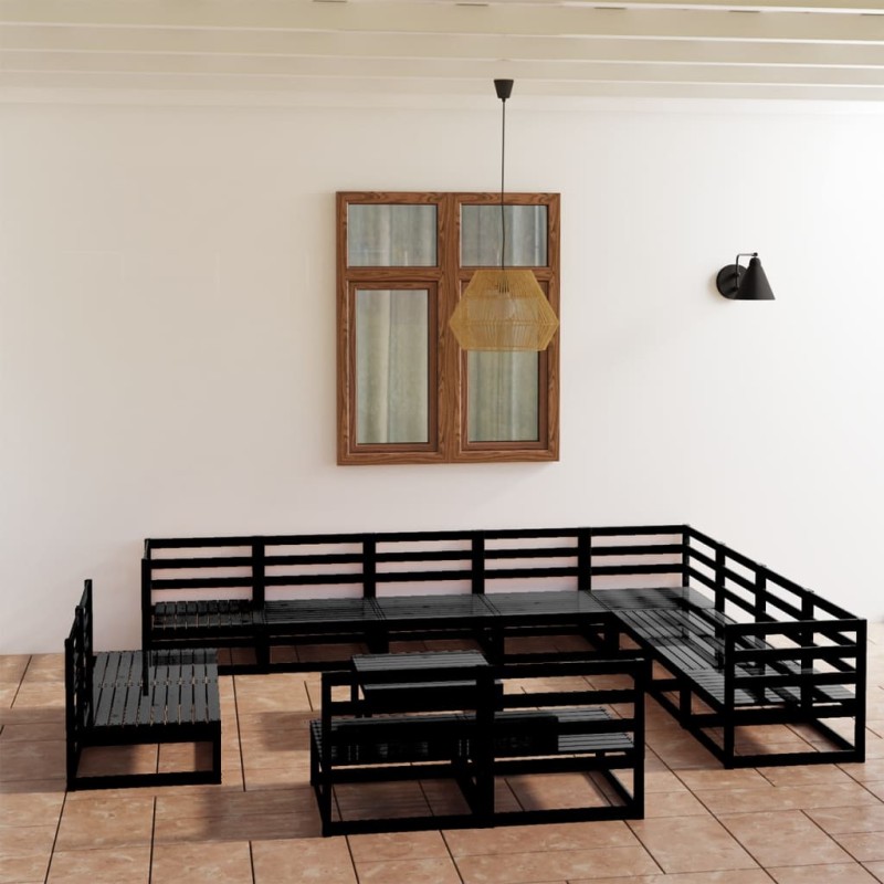 vidaXL Juego de muebles de jardín 13 pzas y cojines negro madera pino vidaXL Juego de muebles de jardín 13 pzas y cojines negro madera pino