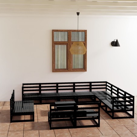 vidaXL Juego de muebles de jardín 13 pzas y cojines negro madera pino
