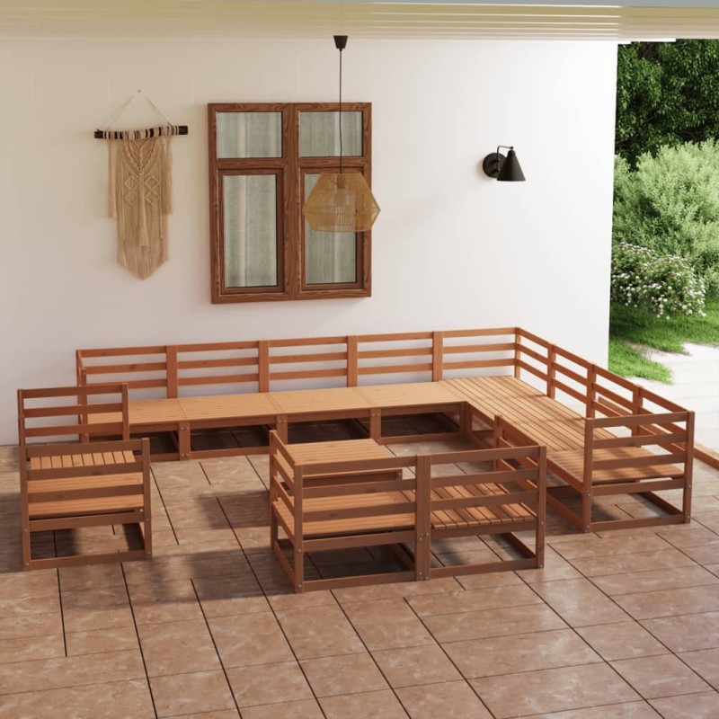 vidaXL Muebles de jardín 13 piezas marrón miel madera maciza de pino