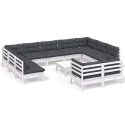 vidaXL Muebles de jardín 12 pzas con cojines blanco madera maciza pino