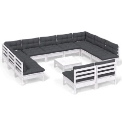 vidaXL Muebles de jardín 12 pzas y cojines blanco madera maciza pino