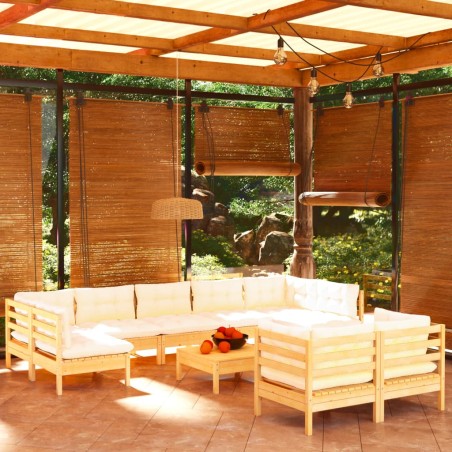 vidaXL Muebles de jardín 10 pzas y cojines madera maciza de pino crema