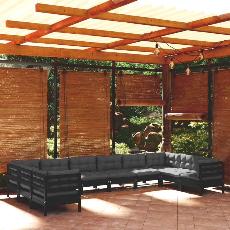 vidaXL Muebles de jardín 10 pzas con cojines negro madera de pino vidaXL Muebles de jardín 10 pzas con cojines negro madera de pino