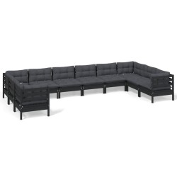 vidaXL Muebles de jardín 10 pzas con cojines negro madera de pino