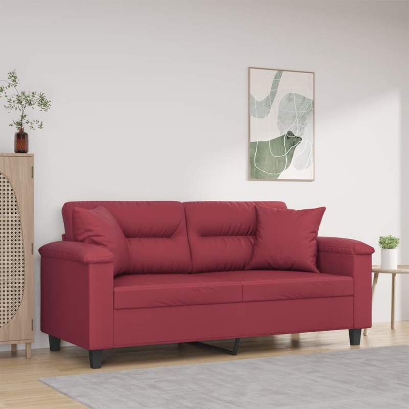 vidaXL Sofá de 2 plazas con cojines cuero sintético rojo tinto 140 cm vidaXL Sofá de 2 plazas con cojines cuero sintético rojo tinto 140 cm