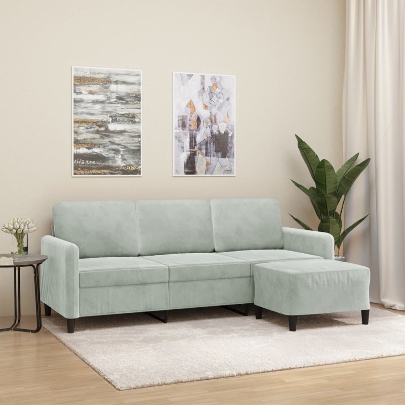 vidaXL Sofá de 3 plazas con taburete de terciopelo gris claro 180 cm vidaXL Sofá de 3 plazas con taburete de terciopelo gris claro 180 cm