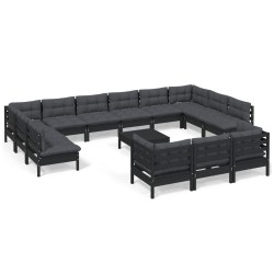 vidaXL Muebles de jardín 14 pzas con cojines negro madera de pino