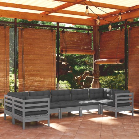 vidaXL Juego de muebles de jardín 7 pzas y cojines madera pino gris