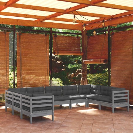 vidaXL Juego de muebles de jardín 9 pzas y cojines madera pino gris