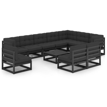 vidaXL Set de muebles de jardín 11 pzas con cojines madera pino negro