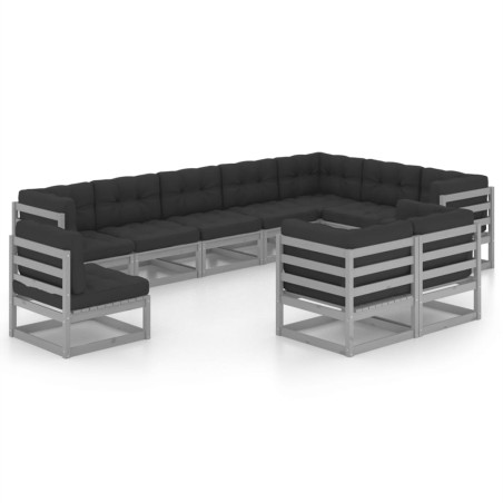 vidaXL Set de muebles de jardín 10 pzas con cojines madera pino gris
