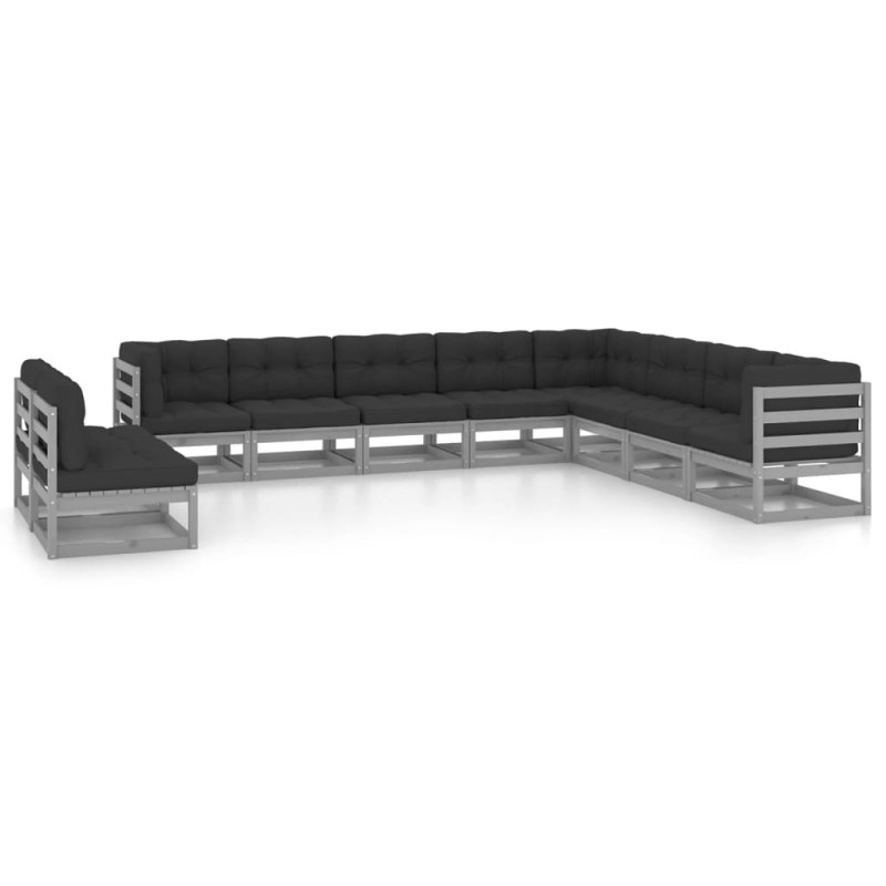vidaXL Set de muebles de jardín 10 pzas con cojines madera pino gris vidaXL Set de muebles de jardín 10 pzas con cojines madera pino gris