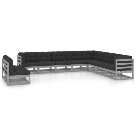 vidaXL Set de muebles de jardín 10 pzas con cojines madera pino gris